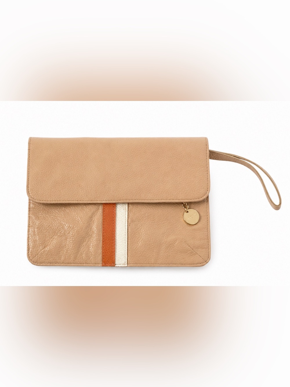 Laggo Nude Leather Wristlet Clutch with Stripe Detail
